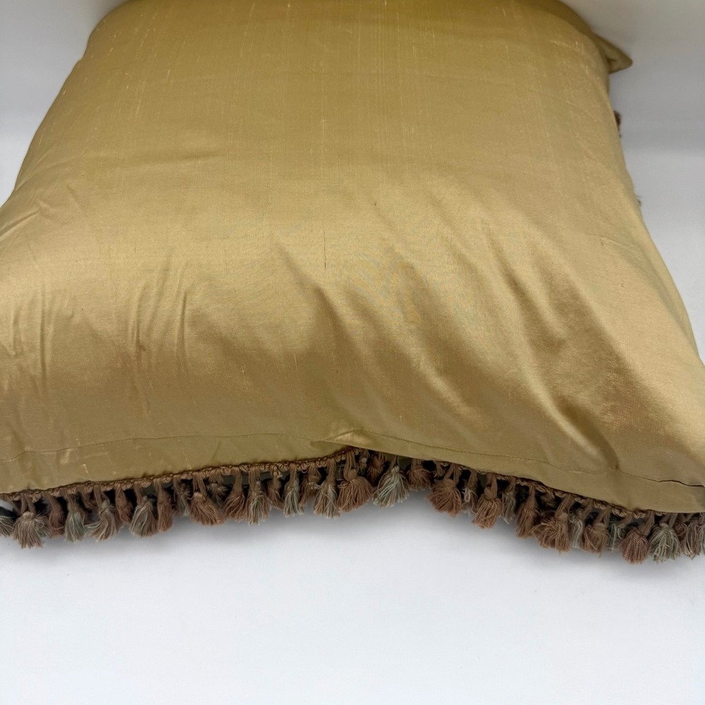 Vintage Handwoven Aubusson Pillow Cover 24x24 Wool Pheasant Floral Gold Fringe - Picture 6 of 16